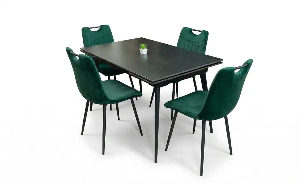 Set Masă Living Extensibilă DTM0101 Blat Ceramic Gri cu 4 Scaune Tapițate KJC0358 Verzi 1