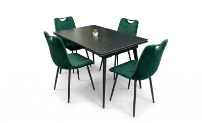 Set Masă Living Extensibilă DTM0101 Blat Ceramic Gri cu 4 Scaune Tapițate KJC0358 Verzi