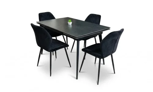 Set Masă Living Extensibilă DTM0101 Blat Ceramic Gri cu 4 Scaune Tapițate KJC104 Negre