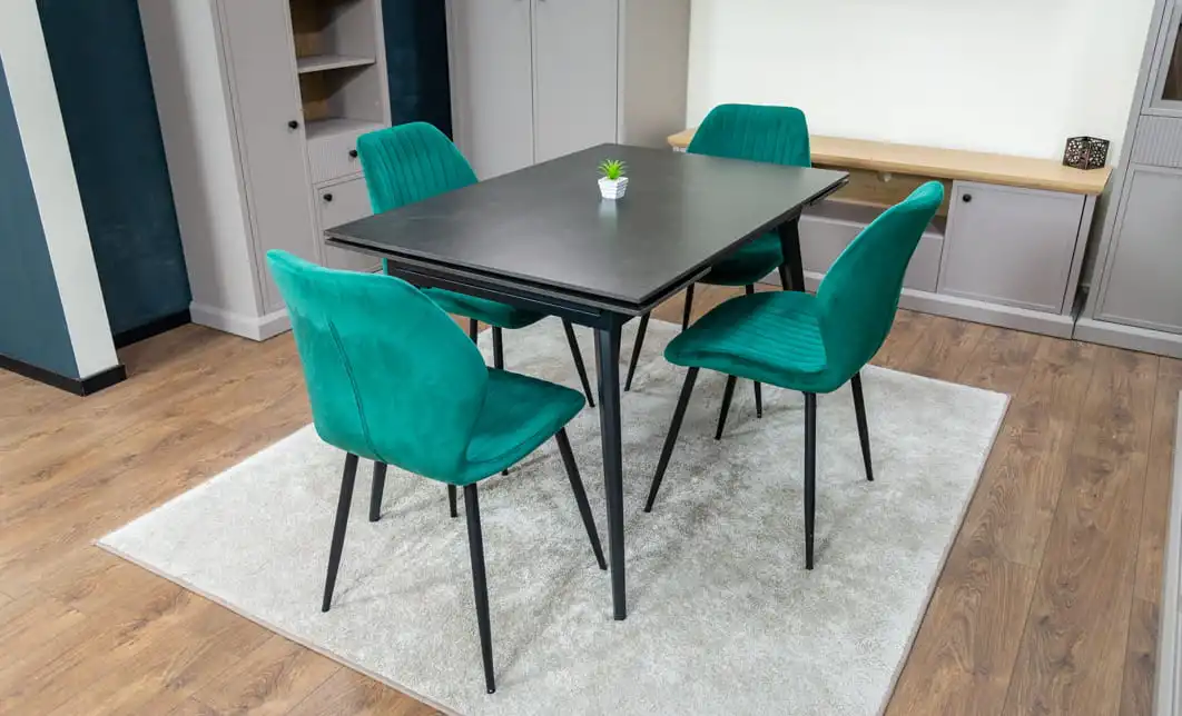 Set Masă Living Extensibilă DTM0101 Blat Ceramic Gri cu 4 Scaune Tapițate KJC104 Verzi 5