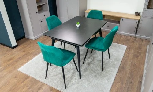 Set Masă Living Extensibilă DTM0101 Blat Ceramic Gri cu 4 Scaune Tapițate KJC104 Verzi