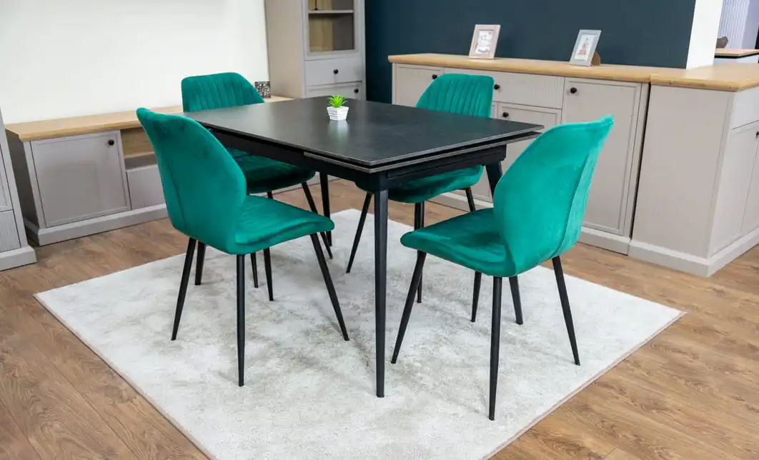 Set Masă Living Extensibilă DTM0101 Blat Ceramic Gri cu 4 Scaune Tapițate KJC104 Verzi 3