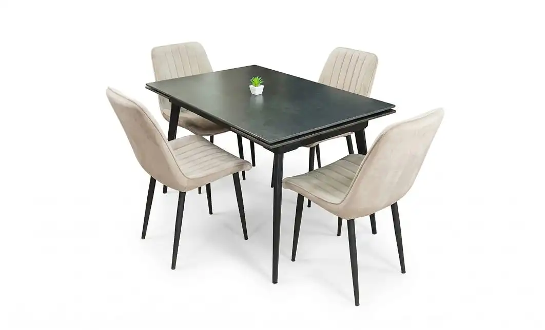 Set Masă Living Extensibilă DTM0101 Blat Ceramic Gri cu 4 Scaune Tapițate KJC176 Bej 1