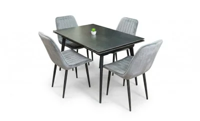 Set Masă Living Extensibilă DTM0101 Blat Ceramic Gri cu 4 Scaune Tapițate KJC176 Gri