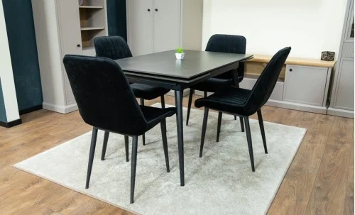 Set Masă Living Extensibilă DTM0101 Blat Ceramic Gri cu 4 Scaune Tapițate KJC176 Negre