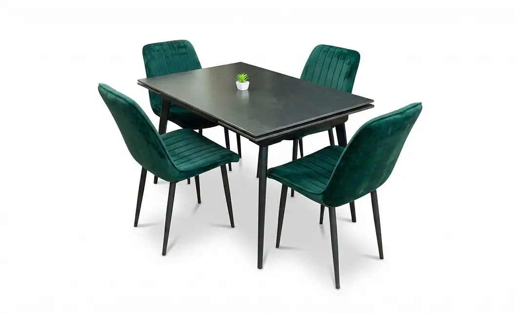 Set Masă Living Extensibilă DTM0101 Blat Ceramic Gri cu 4 Scaune Tapițate KJC176 Verzi 1