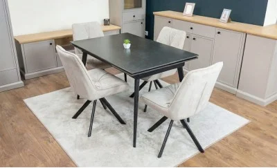 Set Masă Living Extensibilă DTM0101 Blat Ceramic Gri cu 4 Scaune Rotative KJC356 Bej