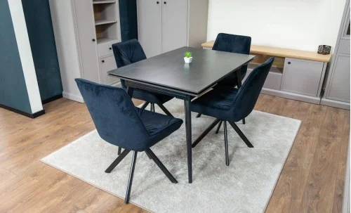 Set Masă Living Extensibilă DTM0101 Blat Ceramic Gri cu 4 Scaune Rotative KJC356 Negre