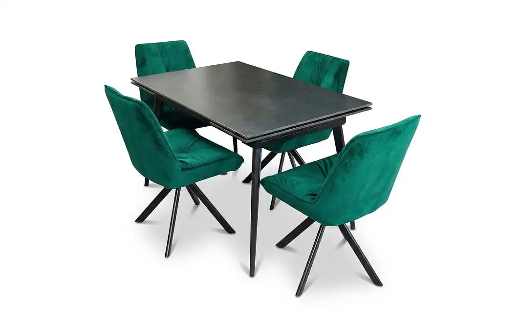 Set Masă Living Extensibilă DTM0101 Blat Ceramic Gri cu 4 Scaune Rotative KJC356 Verzi 1
