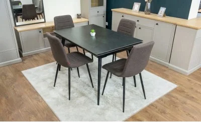 Set Masă Living Extensibilă DTM0101 Blat Ceramic Gri cu 4 Scaune Tapițate KJC5341 Maro