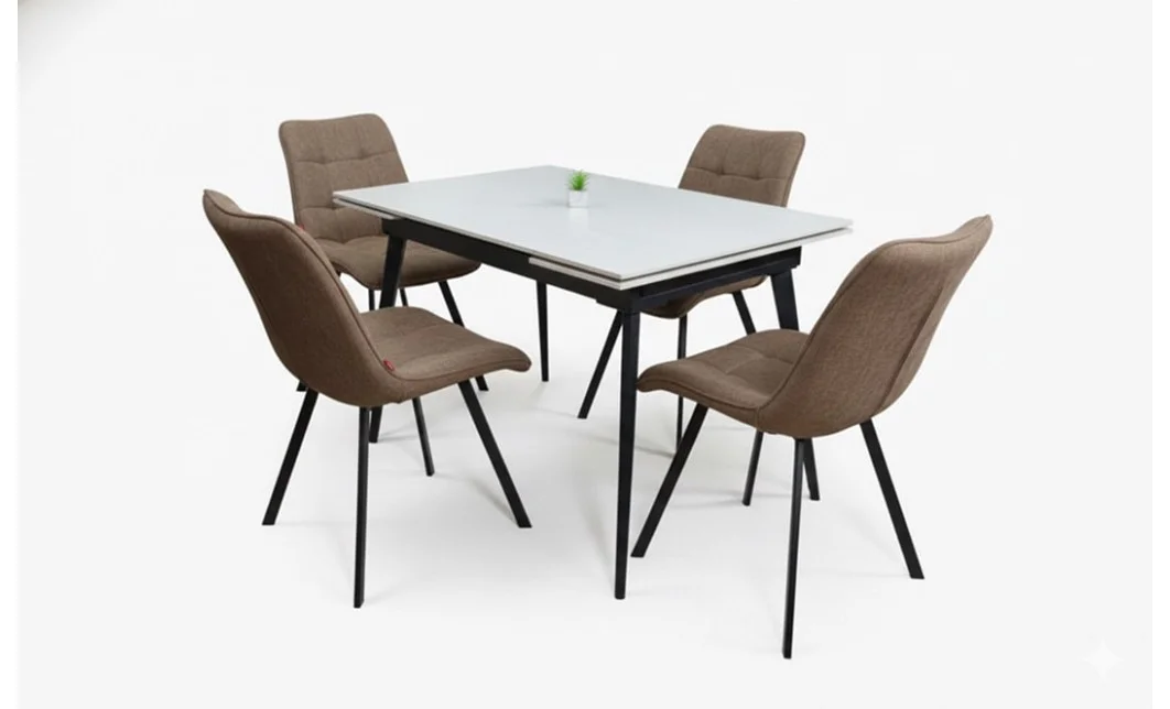 Set Masă Living Extensibilă DTM0101CS Bej cu 4 Scaune Tapițate DCM1801CF Maro 2