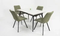 Set Masă Living Extensibilă DTM0101CS Bej cu 4 Scaune Tapițate DCM1801CF Verzi