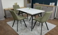Set Masă Living Extensibilă DTM0101CS Bej cu 4 Scaune Tapițate DCM1801CF Verzi