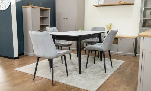 Set Masă Living Extensibilă KJT4711-1 Alb cu 4 Scaune KJC0357 Gri