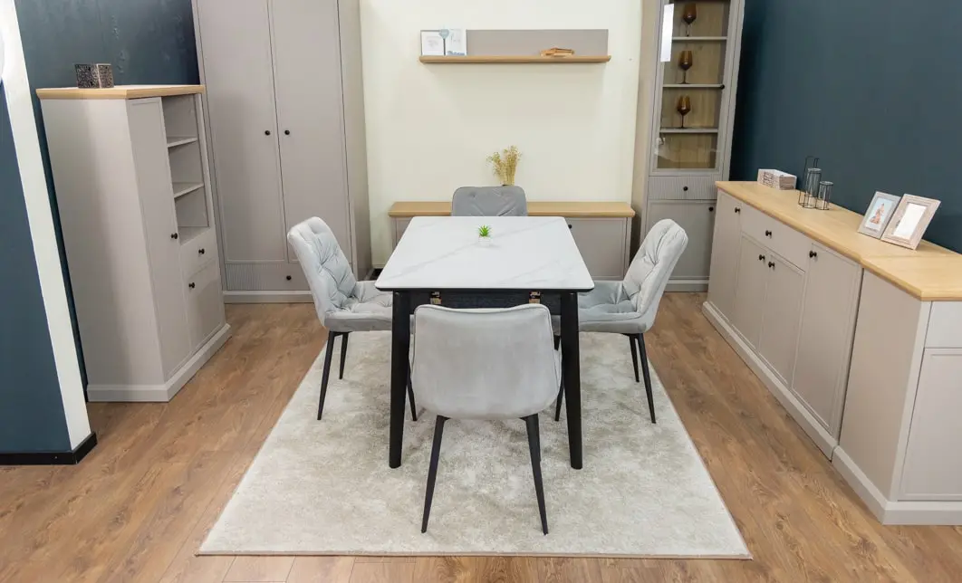 Set Masă Living Extensibilă KJT4711-1 Alb cu 4 Scaune KJC0357 Gri
