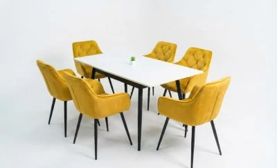 Set Masă Living Extensibilă DTM0101CS Bej cu 6 Scaune Tapițate KJC38 Muștar