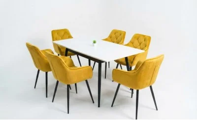 Set Masă Living Extensibilă DTM0101CS Bej cu 6 Scaune Tapițate KJC38 Muștar