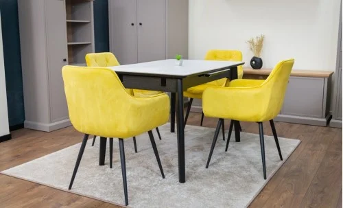 Set Masă Living Extensibilă KJT4711-1 Alb cu 4 Scaune Tapițate KJC38 Galbene