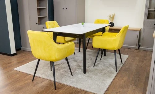 Set Masă Living Extensibilă KJT4711-1 Alb cu 4 Scaune Tapițate KJC38 Galbene