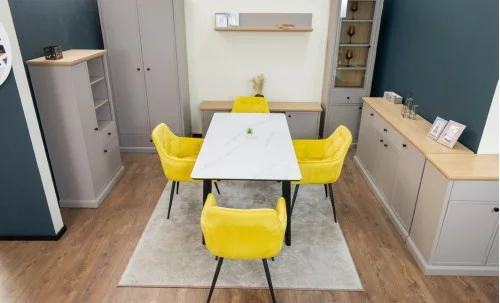 Set Masă Living Extensibilă KJT4711-1 Alb cu 4 Scaune Tapițate KJC38 Galbene