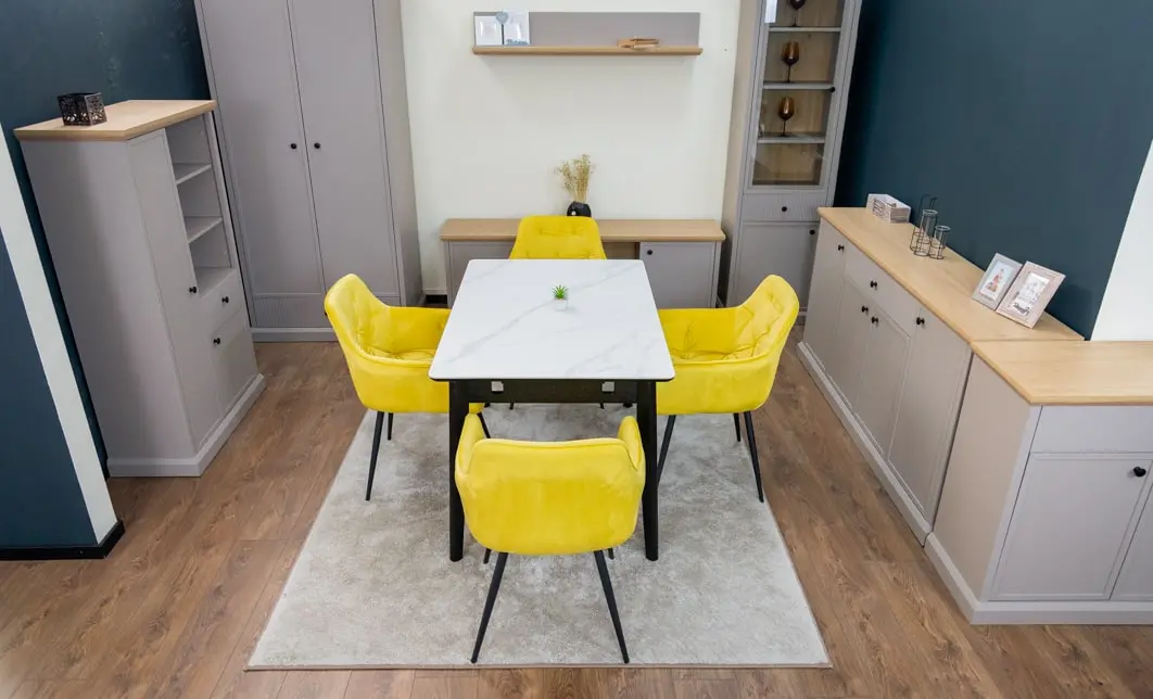 Set Masă Living Extensibilă KJT4711-1 Alb cu 4 Scaune Tapițate KJC38 Galbene