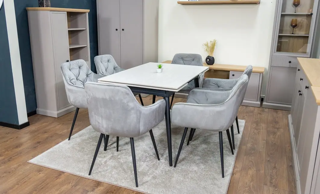 Set Masă Living Extensibilă DTM0101CS Bej cu 6 Scaune Tapițate KJC38 Gri
