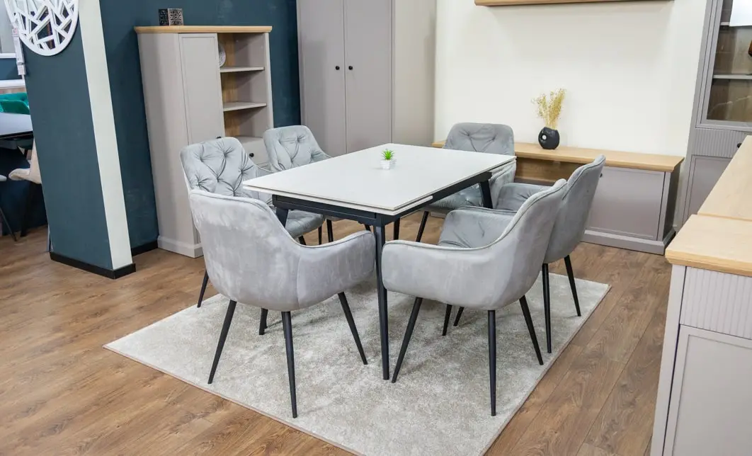 Set Masă Living Extensibilă DTM0101CS Bej cu 6 Scaune Tapițate KJC38 Gri