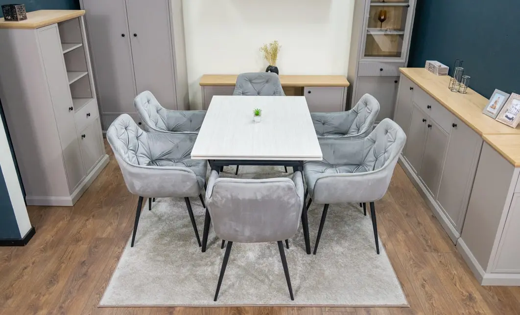 Set Masă Living Extensibilă DTM0101CS Bej cu 6 Scaune Tapițate KJC38 Gri 10