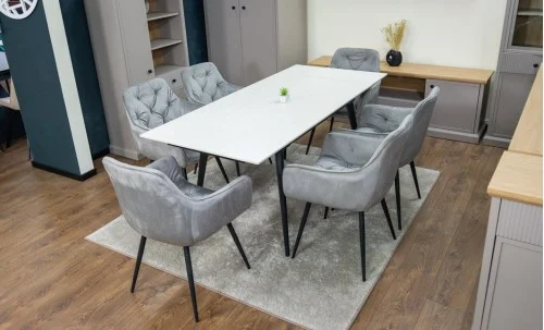 Set Masă Living Extensibilă DTM0101CS Bej cu 6 Scaune Tapițate KJC38 Gri