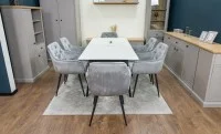 Set Masă Living Extensibilă DTM0101CS Bej cu 6 Scaune Tapițate KJC38 Gri 5
