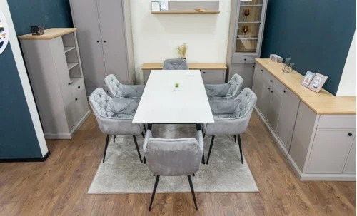 Set Masă Living Extensibilă DTM0101CS Bej cu 6 Scaune Tapițate KJC38 Gri