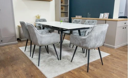 Set Masă Living Extensibilă DTM0101CS Bej cu 6 Scaune Tapițate KJC38 Gri