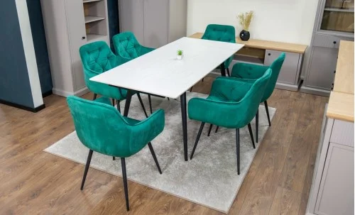 Set Masă Living Extensibilă DTM0101CS Bej cu 6 Scaune Tapițate KJC38 Verzi