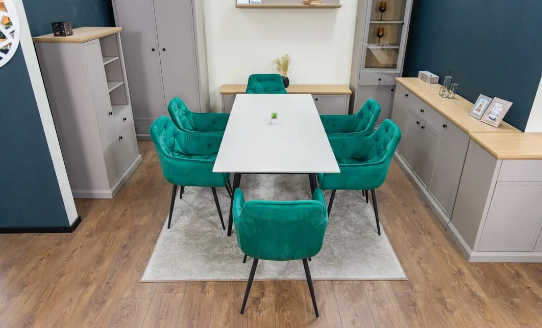 Set Masă Living Extensibilă DTM0101CS Bej cu 6 Scaune Tapițate KJC38 Verzi