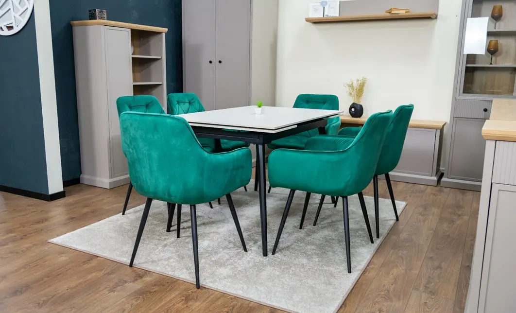 Set Masă Living Extensibilă DTM0101CS Bej cu 6 Scaune Tapițate KJC38 Verzi 8