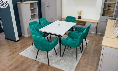 Set Masă Living Extensibilă DTM0101CS Bej cu 6 Scaune Tapițate KJC38 Verzi