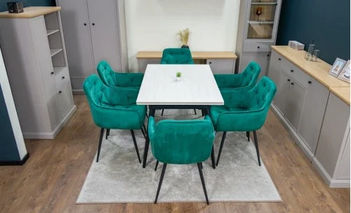 Set Masă Living Extensibilă DTM0101CS Bej cu 6 Scaune Tapițate KJC38 Verzi