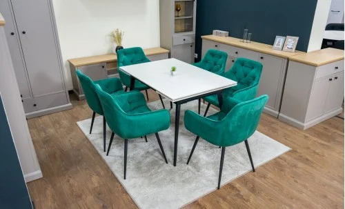 Set Masă Living Extensibilă DTM0101CS Bej cu 6 Scaune Tapițate KJC38 Verzi