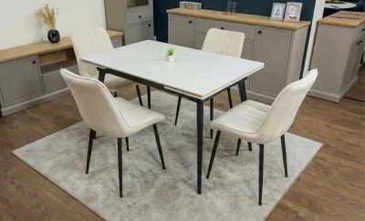 Set Masă Living Extensibilă DTM0101CS Bej cu 4 Scaune Tapițate KJC176 Bej
