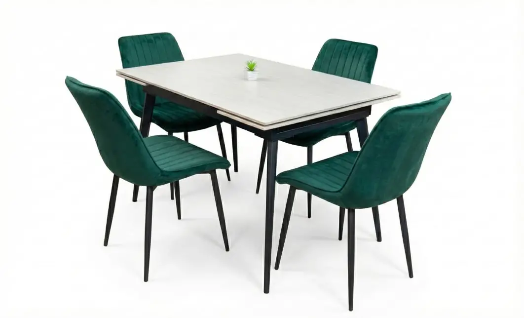 Set Masă Living Extensibilă DTM0101CS Bej cu 4 Scaune Tapițate KJC176 Verzi 2