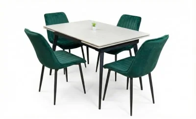 Set Masă Living Extensibilă DTM0101CS Bej cu 4 Scaune Tapițate KJC176 Verzi