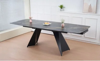 Set Masă Living Extensibilă Blat Ceramic Negru/Auriu DTM0105CS cu 4 Scaune DCM0601AS Gri Inchis