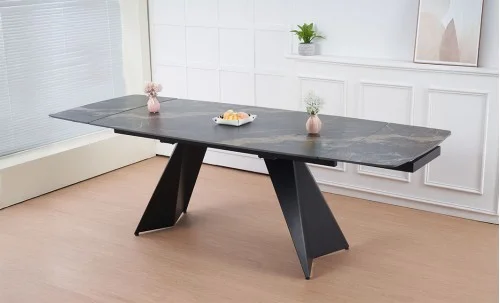 Set Masă Living Extensibilă Blat Ceramic Negru/Auriu DTM0105CS cu 6 Scaune KJC4345 Muștar