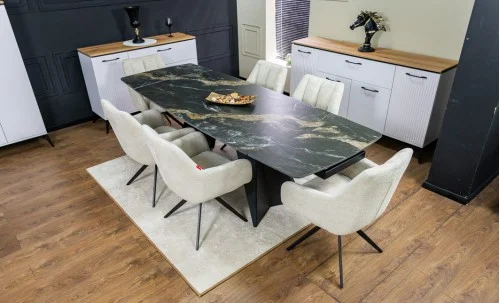 Set Masă Living Extensibilă Blat Ceramic Negru/Auriu DTM0105CS cu 6 Scaune DCM0112AS Bej