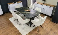 Set Masă Living Extensibilă Blat Ceramic Negru/Auriu DTM0105CS cu 6 Scaune DCM0112AS Bej 1