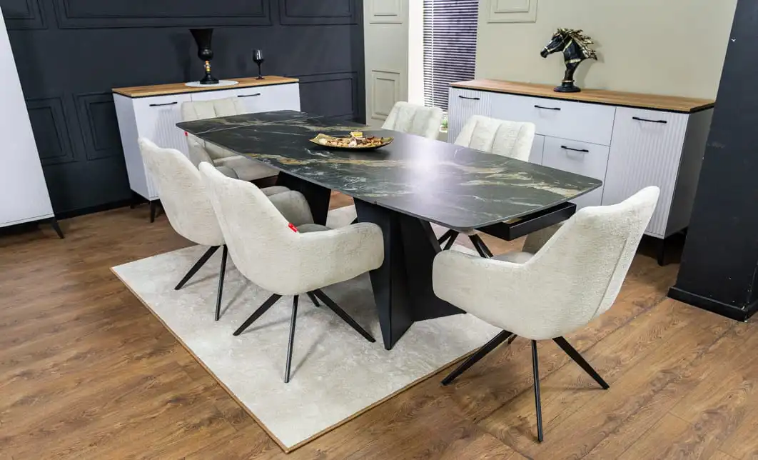 Set Masă Living Extensibilă Blat Ceramic Negru/Auriu DTM0105CS cu 6 Scaune DCM0112AS Bej 3