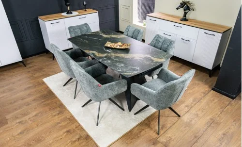 Set Masă Living Extensibilă Blat Ceramic Negru/Auriu DTM0105CS cu 6 Scaune DCM0112AS Gri