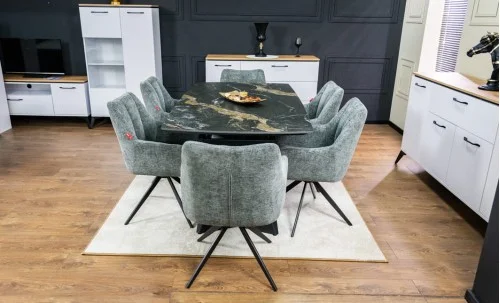 Set Masă Living Extensibilă Blat Ceramic Negru/Auriu DTM0105CS cu 6 Scaune DCM0112AS Gri