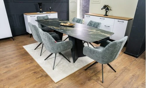 Set Masă Living Extensibilă Blat Ceramic Negru/Auriu DTM0105CS cu 6 Scaune DCM0112AS Gri