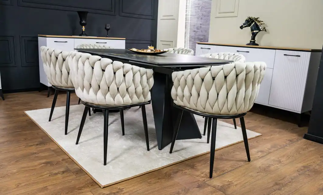 Set Masă Living Extensibilă Blat Ceramic Negru/Auriu DTM0105CS cu 6 Scaune KJC11 Bej 4